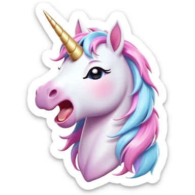 Cinematic Cute Yawning Unicorn Pony Portrait Emoji, Head tilted slightly with a dramatic, wide-open yawn, showcasing a petite, softly glowing form with a gently drooping mane, a subtle, shimmering horn and sleepy, half-closed eyes, Simplified yet irresistibly adorable features, highly detailed, glowing with a soft, cozy pastel glow, high shine, relaxed yet expressive, stylized with a dash of whimsical enchantment, soft glowing outline, capturing the essence of a drowsy yet affectionate unicorn pony that appears ready to stretch and yawn its way off the screen! sticker