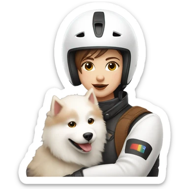 Girl biker white skin and brown short hair with a agv helmet hugging a Samoyed sticker