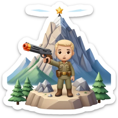 Little character holding a toy gun aiming at a mountain with tiny figures on it sticker