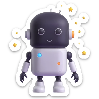 minimalist 3D cartoon-style icon of a dreaming robot with a pill-shaped head, eyes closed, soft features, small stars floating around, simple clean lines sticker