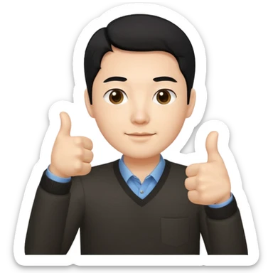 3D avatar of a Korean male frontend developer,
clean 5:5 middle part black hair,
no glasses,
close-up face portrait,
only head and one hand visible,
one hand making thumbs up gesture,
soft and friendly expression,
minimal style
 sticker