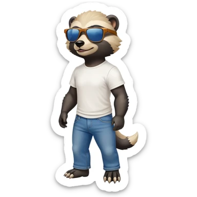 friendly anthropomorphised honey badger in jeans and a t-shirt, wearing sunglasses, walking upright, standard pose sticker