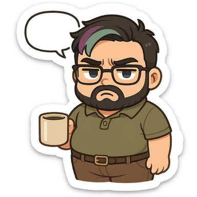 A realism art illustration art style of handsome plus-size man with black hair and a purple to green ombre streak, black beard, blue eye, glasses, dressed like a dad, holding a coffee mug, blank speech bubble, frowning  sticker