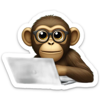 monkey with glasses and beard behind a apple laptop sticker
