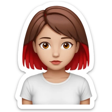 Una ragazza bellissima, truccata un po', con occhi marroni e capelli marroni corti fino alle spalle con due ciocche rosse davanti . Un seno medio. Vestita con una maglietta aestetich bianca  sticker