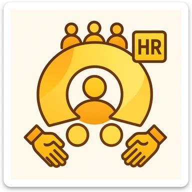 Create a human resource department icon in the style of Volio using the provided reference icon as the central element. Incorporate symbols of people, teamwork, or HR around or within the icon, maintaining a professional and friendly look. The style should reflect Volio's aesthetic while keeping the icon clear and approachable. sticker