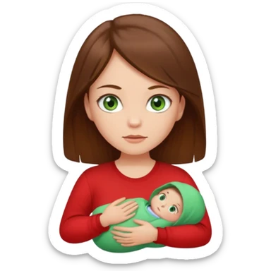 a girl with brown strait hair and has baby green eyes has a red t-shirt sticker