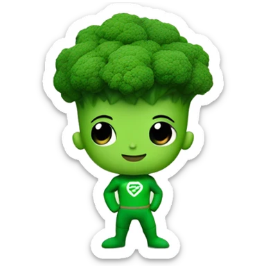 kawaii cute mini superhero with green clothes and a broccolis as hair,  full body saying hello sticker
