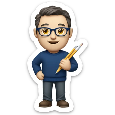 caucasian white man with dark hair, blue glasses, and carrying design plan because he is an architect carrying a pencil and a set model maquette. wearing a navy blue long sleeve sweater shirt. smart.  sticker