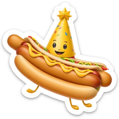 A hotdog with legs wearing a party hat sticker