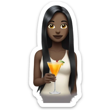 Pale girl with long black hair with chest holding cocktail sticker