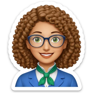 40 yr old Iranian woman, light brown very curly thick hair, shoulder length hair, green eyes, tan skin, big smile, big glasses, blue dress shirt with white cravat on neck sticker