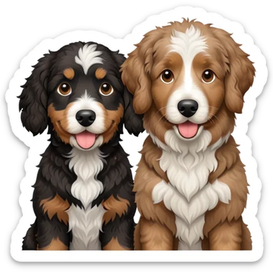 2 dogs, one is a light brown Aussie doodle. the other is a All black Berenedoodle with white eyebrows . Make both same size sticker