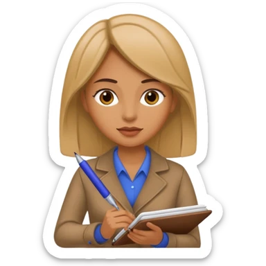 woman writing in a notebook with a pen sticker