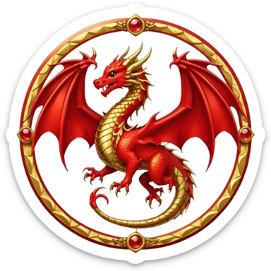 Golden dragon with wings crest / brosch in a circle with red gems and no background sticker