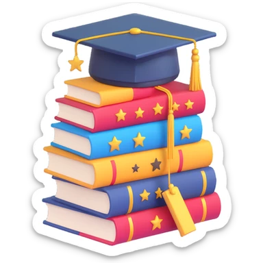 stack of books with graduation cap and gold stars sticker