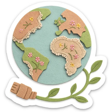 cottagecore interpretation of the classic Internet globe with ethernet cable icon, globe made of soft pastel earth tones, continents as patches of fabric with lace trim and tiny embroidered flowers, ethernet cable as a vine with leaves, wooden plug connector, cozy whimsical homey style sticker