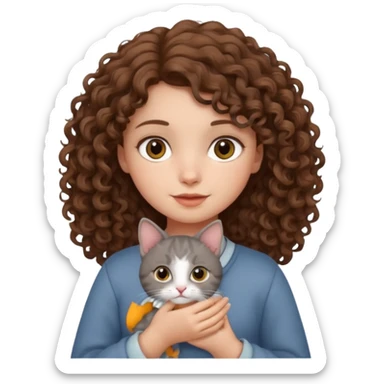 Девушка с кудряшками держит котика sticker