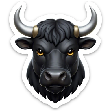 Cinematic Noble Black Bull Portrait Emoji, Poised and regal, with a massive, muscular build and a sleek, well-groomed pure black hide, deep-set soulful dark eyes, Simplified yet sharp and sophisticated features, highly detailed, glowing with a soft, dignified glow, high shine, intelligent and formidable, stylized with an air of strength, focused and attentive, soft glowing outline, capturing the essence of a watchful and confident guardian, so majestic it feels as though it could charge out of the screen with effortless authority! sticker