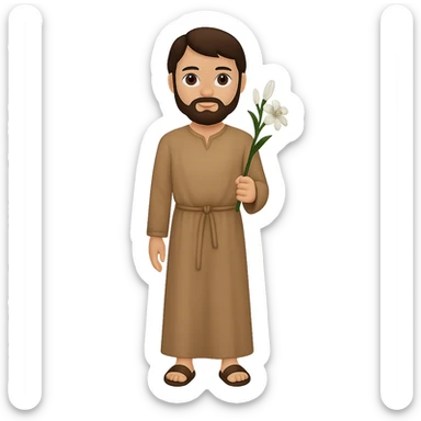 Create a full body, standing front view of Saint Joseph in an emoji style. He should wear a long tan robe similar to the reference image, have dark brown hair and beard. The background should be removed, leaving only the figure. sticker