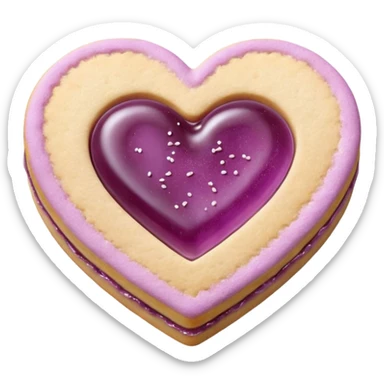 Realistic shortbread cookie in the shape of a heart with mauve jelly middle filling and sprinkled powder sugar on top. sticker