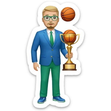 Full Body white plus size man  wearing glasses with a goatee with dirty blond short hair basketball head Coach in blue and green suit holding trophy sticker