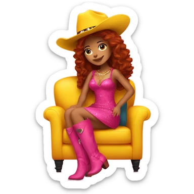 Latina with long red wavy hair sitting on a yellow couch with a hot pink dress and glitter cowboy boots and cowboy hat sticker