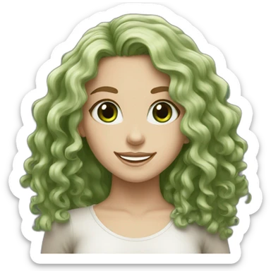 White girl with long black curly hair and green eyes smiling sticker