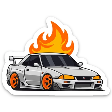 nissan skyline with big flames sticker