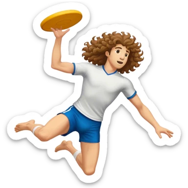 an ultimate frisbee player (with long, curly hair) leaping to catch the disc high in the air sticker