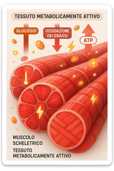 a highly detailed cross-section of human skeletal muscle fibers, shown in vibrant red and pink tones, with visible striations and realistic texture. Glowing arrows and animated icons represent active metabolic processes—such as glucose uptake, fat oxidation, and ATP production—occurring within the muscle tissue. Surrounding the muscle, floating symbols for mitochondria and energy highlight its metabolic activity. The background is clean and clinical, with subtle labels and infographics explaining that muscle is a metabolically active tissue. The overall style is modern, scientific, and visually engaging, suitable for educational or medical use. in italiano sticker