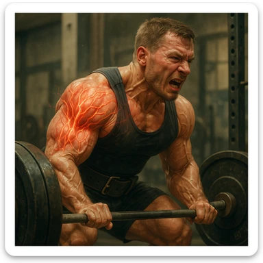 European powerlifter lifting weights, muscles and nervous system dynamically represented as rapidly growing, visibly inflamed and swollen shoulder tendons, risk atmosphere, realistic details, weight room background sticker