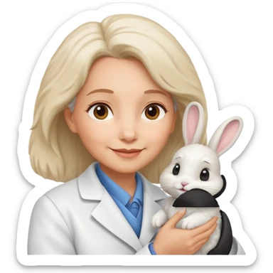 Older female vet – gentle smile, coat, checking rabbit  sticker