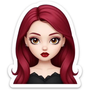 pale skin, girly bratz baddie, beautiful dark brown eyes, sharp black eyeliner, long dark red hair sticker