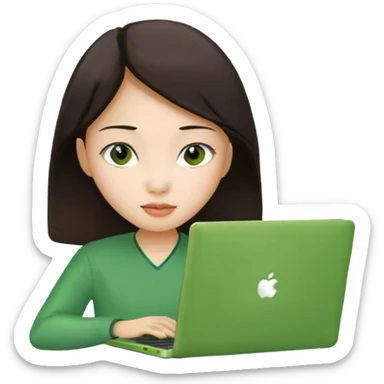 Long brunette Asian girl with green laptop  sticker