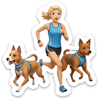 woman running canicross, two dogs attached, happy sticker