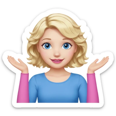 Girl Blonde short wavy hair,  blue eyes, cute blue top, long lashes, pink lips, smiling, making an x with arms  sticker