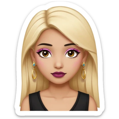 Sweet Indian girl blonde hair darkbrow eyes brown lipstick, pink blush, black top gold earrings, brown eyebrows gold eyeshadow  sticker