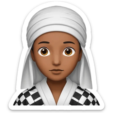 Una persona morena que solo se le vea la cara con una bata de arabe en la cara color blanco con cuadros negros en la cabeza  sticker