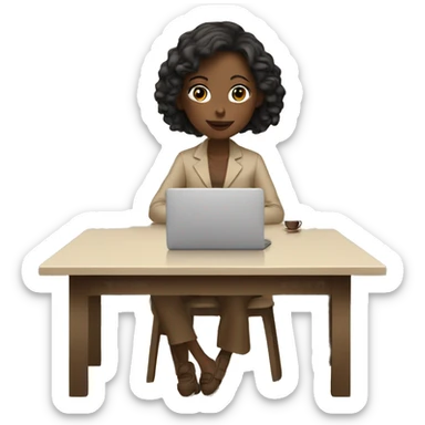 A girl at a table with a laptop with a cup of coffee in beige tones sticker
