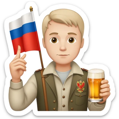 Russian man with russian flag holding a beer and a cigarette sticker
