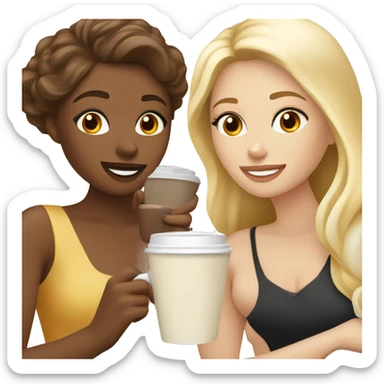 Four beautiful white european girls, one with blond hair and three with dark blond hair in dresses have coffee sticker
