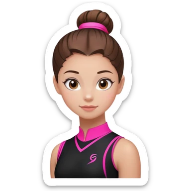 A female gymnast with brown hair in a neat bun, wearing a black uniform with neon pink elements. sticker