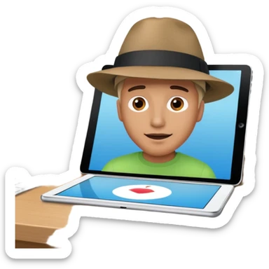 An iPad lying on a desk. On the iPad screen, a video is playing. The video shows a man talking to camera.  sticker