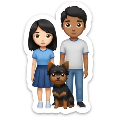 A couple holding a small Yorkshire Terrier together. The girl is Asian with long, luscious wavy black hair (loose, no hair tie). She is standing beside her boyfriend, a brown-skinned man with a short middle part haircut sticker