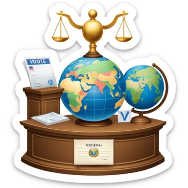 An icon featuring a podium with a speaker, a ballot box with a voting slip, and a globe, symbolizing political science. The design includes scales of justice and a world map in the background, representing governance and global politics. Transparent background highlights political analysis. sticker