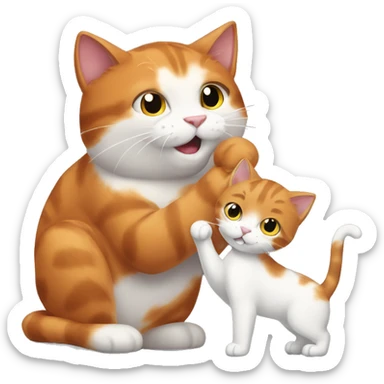 A big red cat playing with a small white-gray kitty sticker