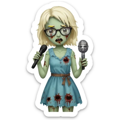 singer, Zombie girl, super happy, wearing dress, holding mic, glasses sticker