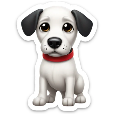 A cute white dog with black ears and a black splotch marking on its back with a red collar and it’s standing up sticker
