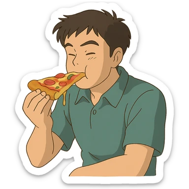 ghibli style man eating pizza sticker